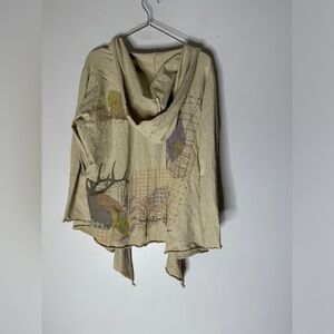 Bluefish Open Hooded‎ Cardigan Tree Deer Print Lagenlook Cream Size 2 CP